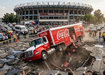 Camión de Coca-Cola cae a socavón en circuito Azteca