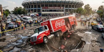 Camión de Coca-Cola cae a socavón en circuito Azteca